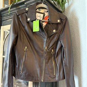 NWT Medium Sam Edelman Brown Leather Motorcycle Jacket with colorful Lining